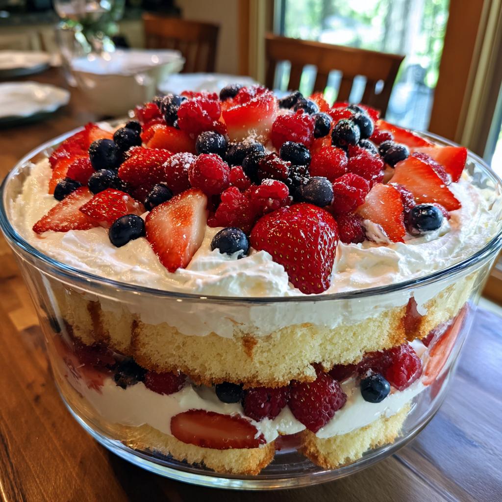 A stunning Fourth of July dessert featuring a Berry Trifle with layers of cake, cream, and fresh berries.