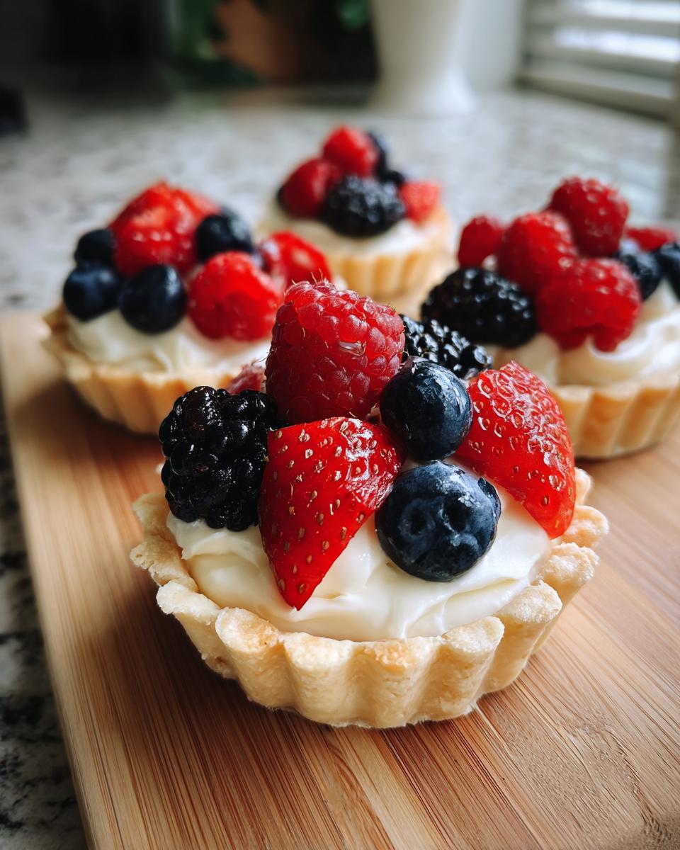 Close-up of mini tartlets filled with cream and topped with fresh strawberries, blueberries, raspberries, and blackberries for Fourth of July desserts.