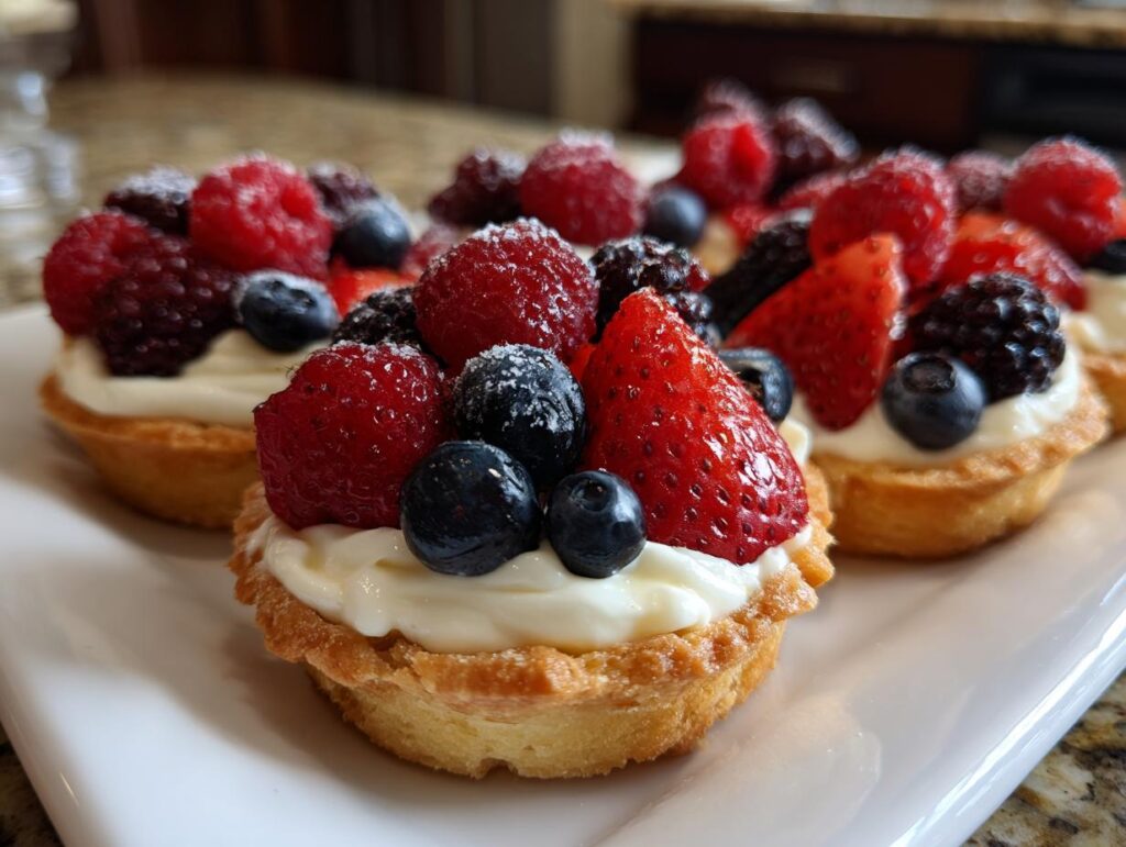 Close-up of Fourth of July desserts: mini tartlets filled with cream and topped with fresh berries like strawberries, blueberries, raspberries, and blackberries.