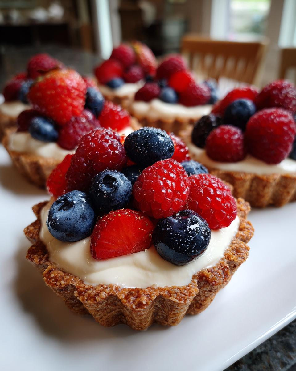 Close-up of mini tartlets topped with cream and fresh berries, perfect for Fourth of July desserts.