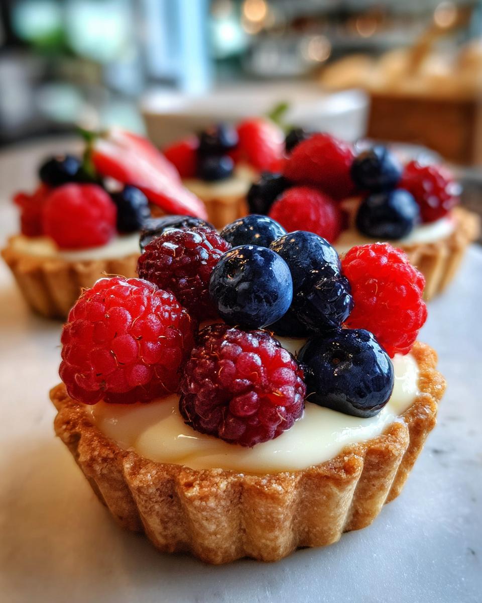 Close-up of a mini tartlet filled with cream and topped with fresh raspberries, blueberries, and a strawberry slice.