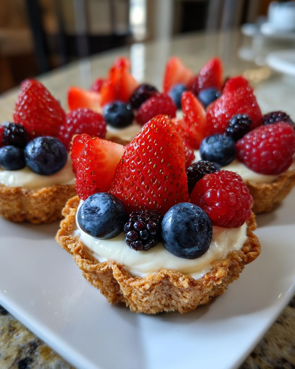 Close-up of mini tartlets topped with cream, strawberries, blueberries, raspberries, and blackberries, perfect for Fourth of July desserts.
