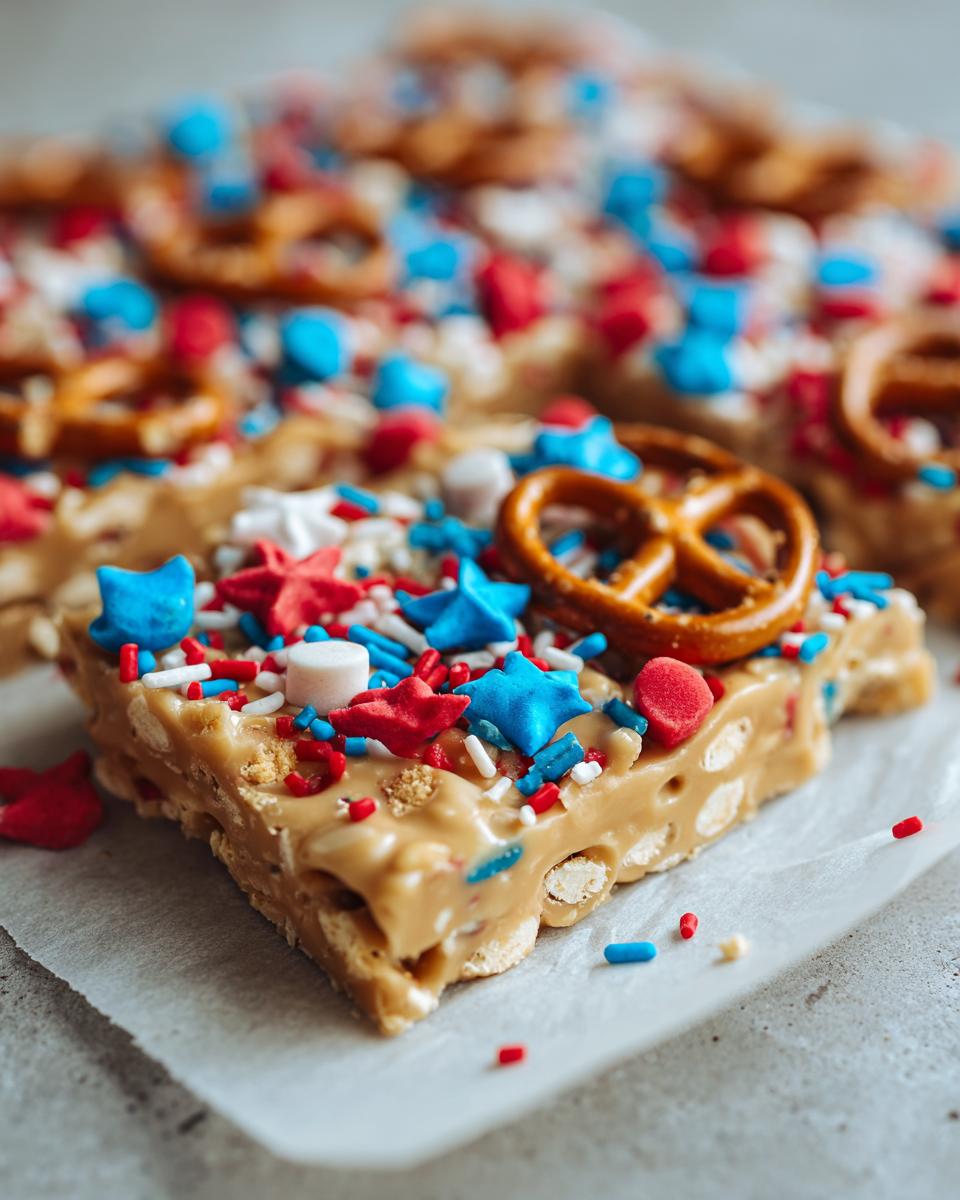 Close-up of a slice of Fourth of July dessert bark topped with red, white, and blue sprinkles, star candies, and pretzels.