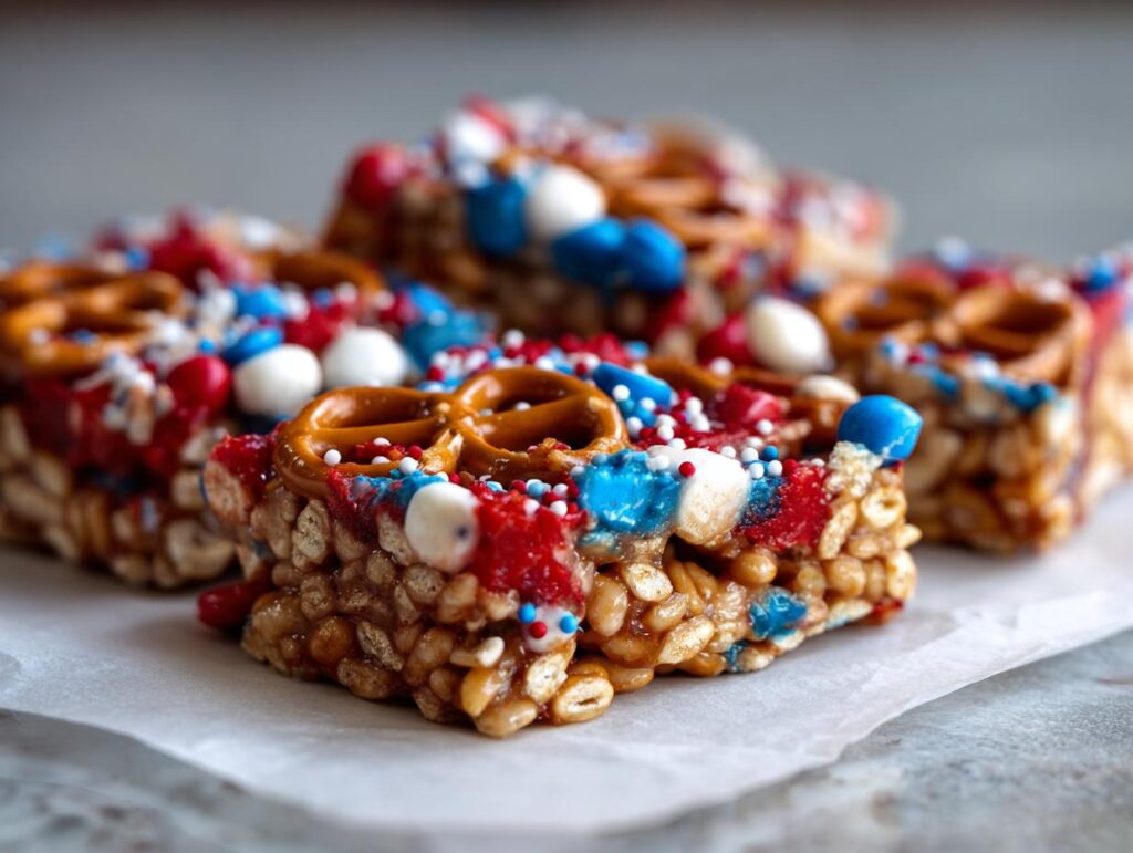 Close-up of Fourth of July Desserts: Patriotic Snack Mix Bark squares with pretzels, red, white, and blue candies, and sprinkles.