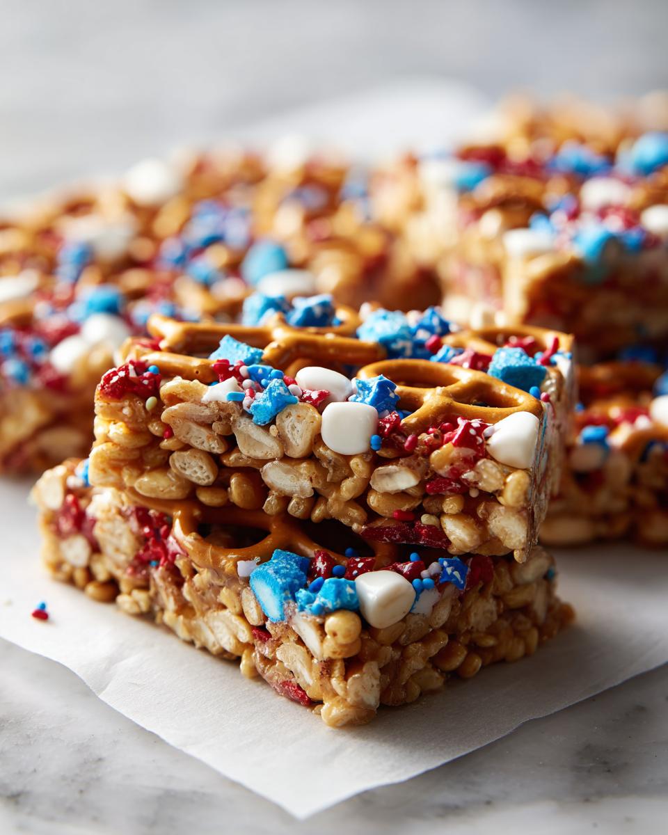 Stack of Fourth of July Desserts: Patriotic Snack Mix Bark bars with pretzels, marshmallows, and red, white, and blue sprinkles.