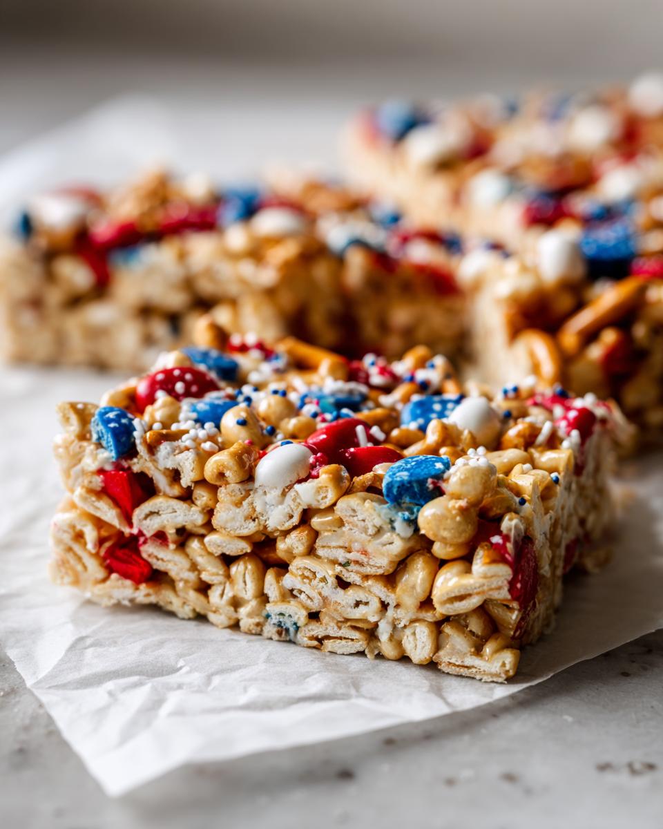 Close-up of a patriotic snack mix bark bar with red, white, and blue sprinkles and candies, perfect for Fourth of July desserts.