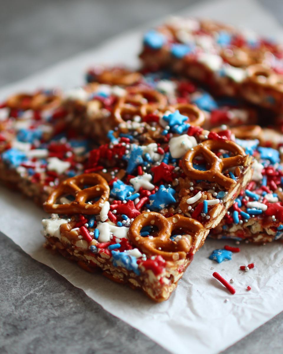 Close-up of Fourth of July desserts: patriotic snack mix bark with pretzels, red, white, and blue sprinkles, and star shapes.
