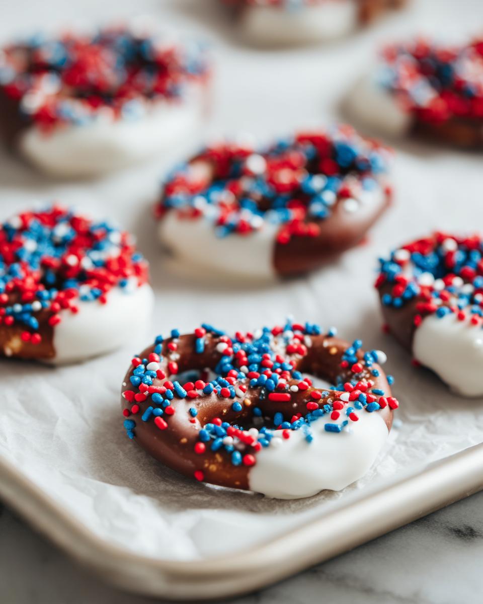 Close-up of chocolate-dipped pretzels with red, white, and blue sprinkles, perfect for Fourth of July desserts.