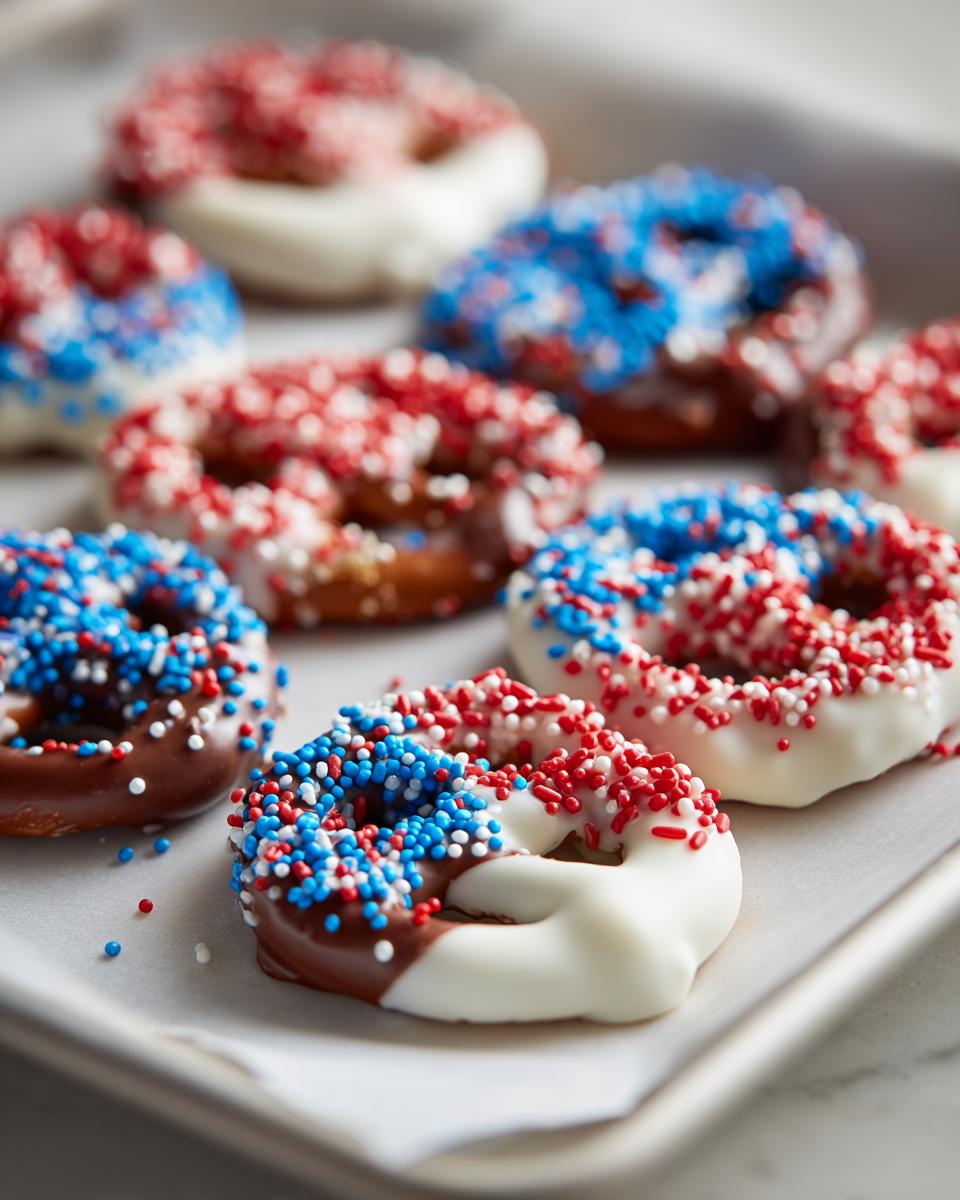 Close-up of festive Fourth of July desserts: chocolate and white chocolate covered pretzels with red, white, and blue sprinkles.