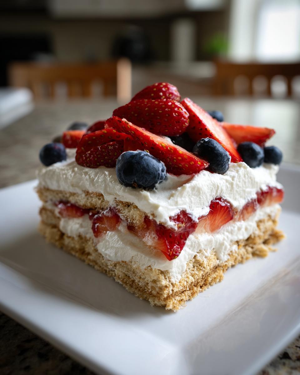 A slice of red, white, and blue icebox cake with strawberries and blueberries, perfect for Fourth of July desserts.