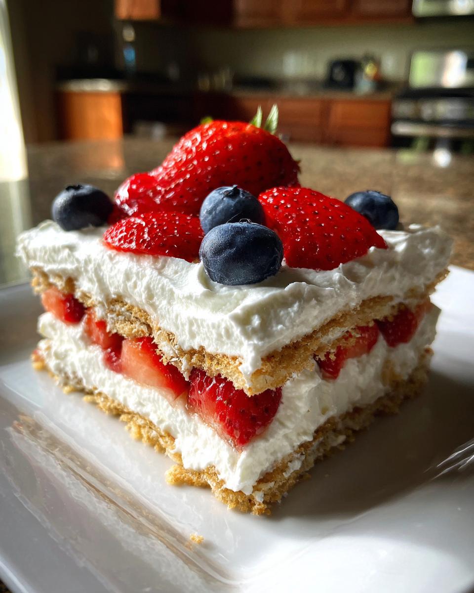A slice of red, white, and blue icebox cake topped with fresh strawberries and blueberries.