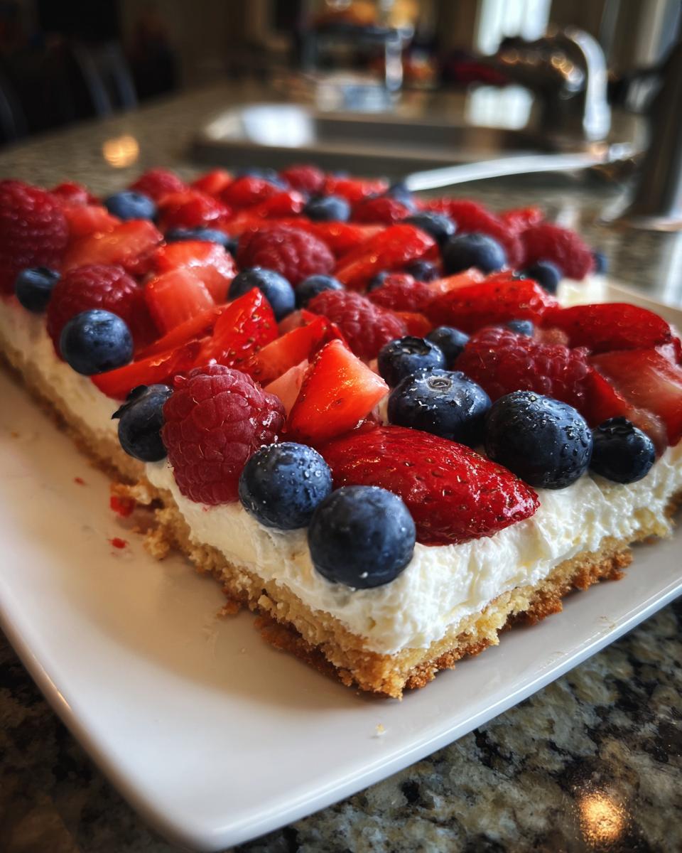 A Fourth of July Flag Fruit Pizza on a cookie crust, topped with whipped cream and fresh strawberries, blueberries, and raspberries.