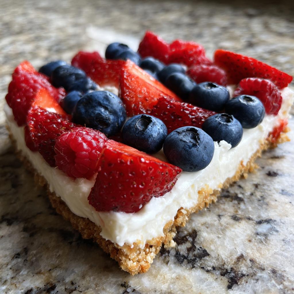 A slice of Flag Fruit Pizza on a cookie crust, topped with cream cheese frosting and fresh strawberries, blueberries, and raspberries.
