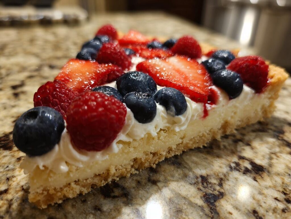 A slice of Fourth of July dessert: a flag fruit pizza on a cookie crust with cream cheese frosting and fresh berries.