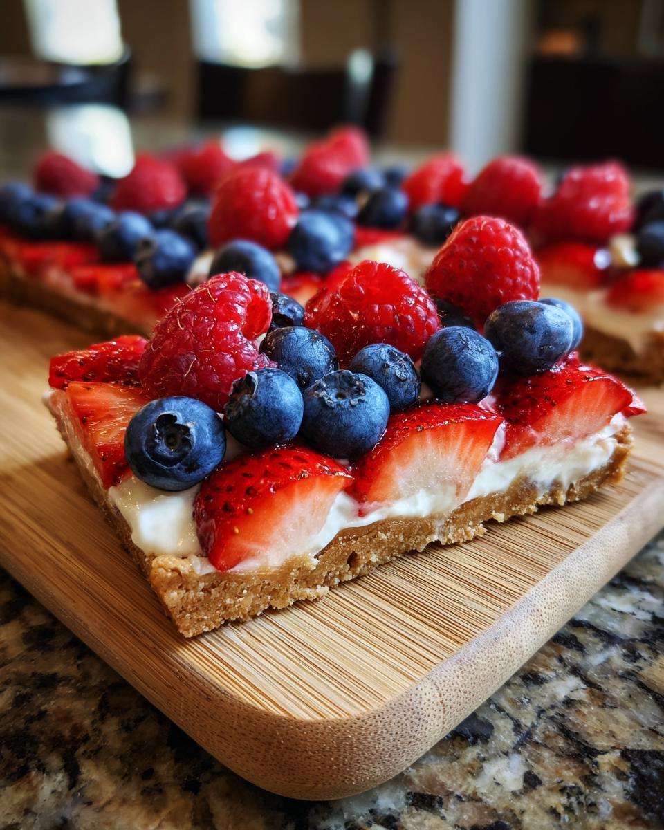 A slice of Fourth of July Flag Fruit Pizza on a cookie crust, topped with strawberries, blueberries, and raspberries.