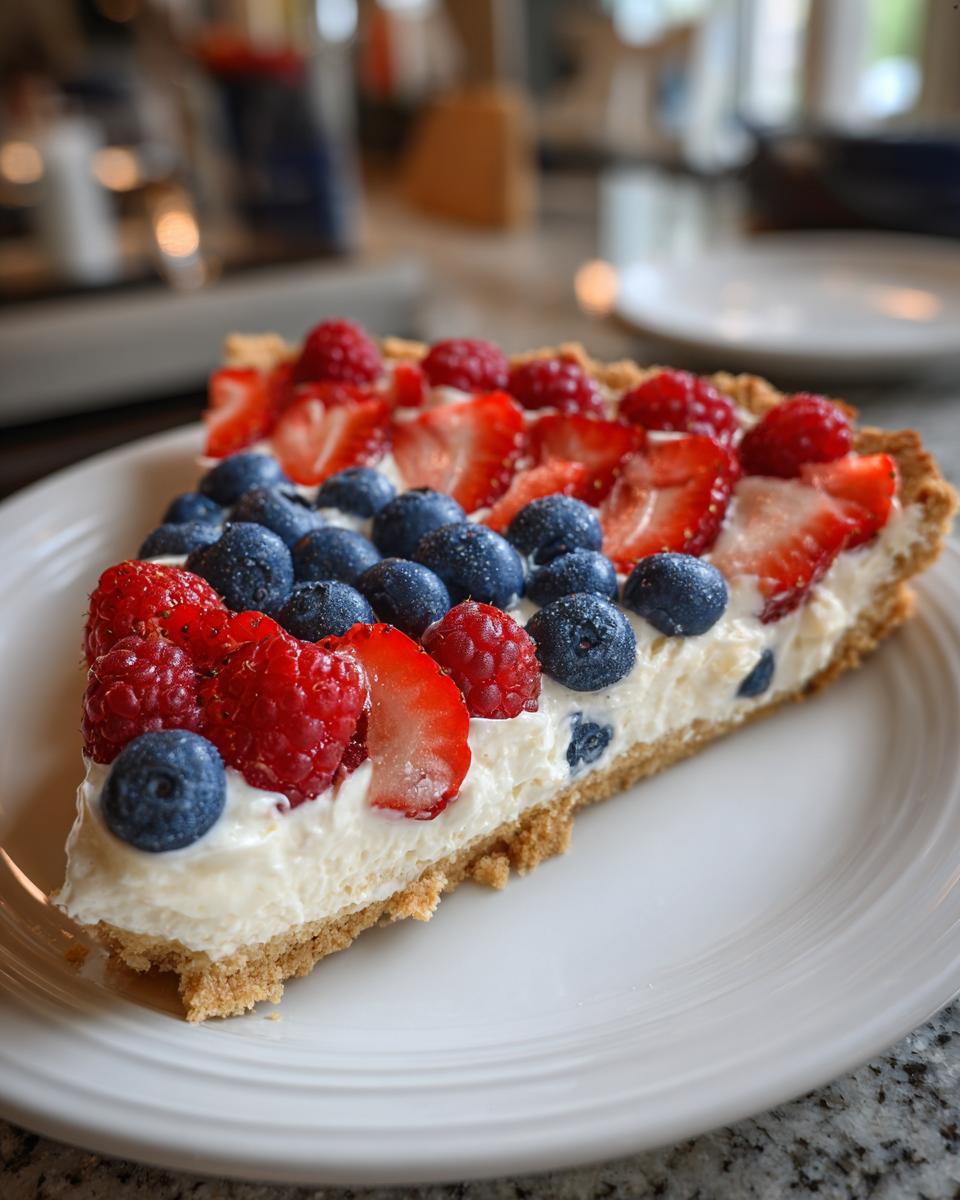 A slice of Fourth of July Flag Fruit Pizza on a cookie crust, topped with cream cheese filling and fresh berries.