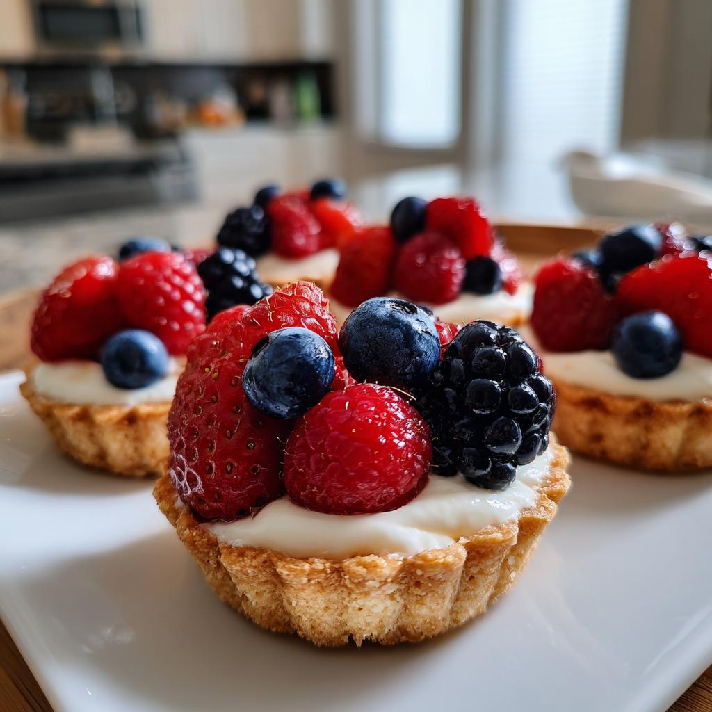 Close-up of Fourth of July mini tartlets topped with cream and fresh berries like strawberries, blueberries, raspberries, and blackberries.