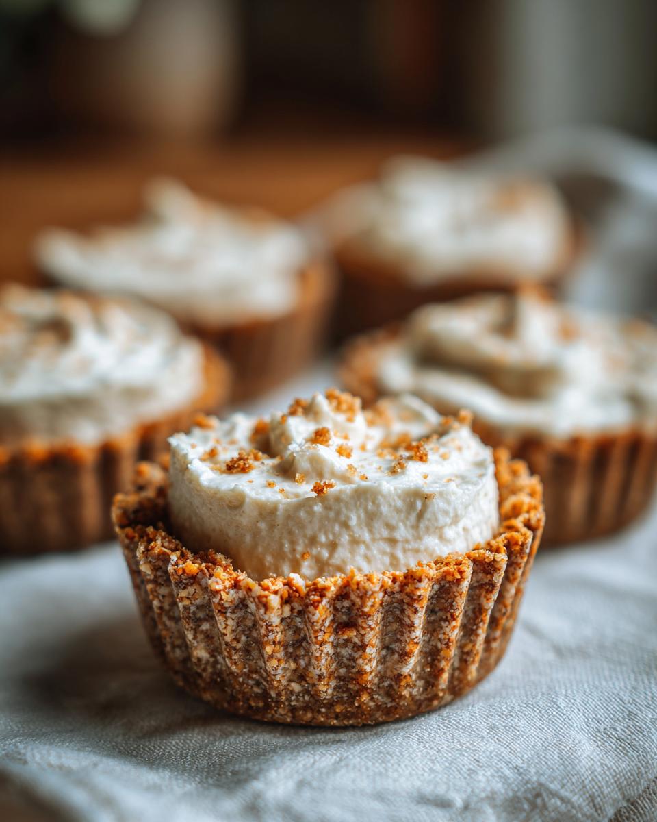 Close-up of a no-bake cheesecake cup with a graham cracker crust and creamy filling, topped with cookie crumbs. Perfect for Fourth of July desserts.