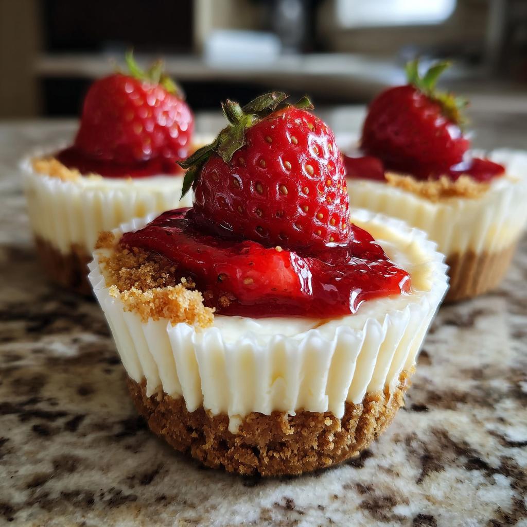 Close-up of Fourth of July desserts: no-bake cheesecake cups topped with strawberry sauce and fresh strawberries.