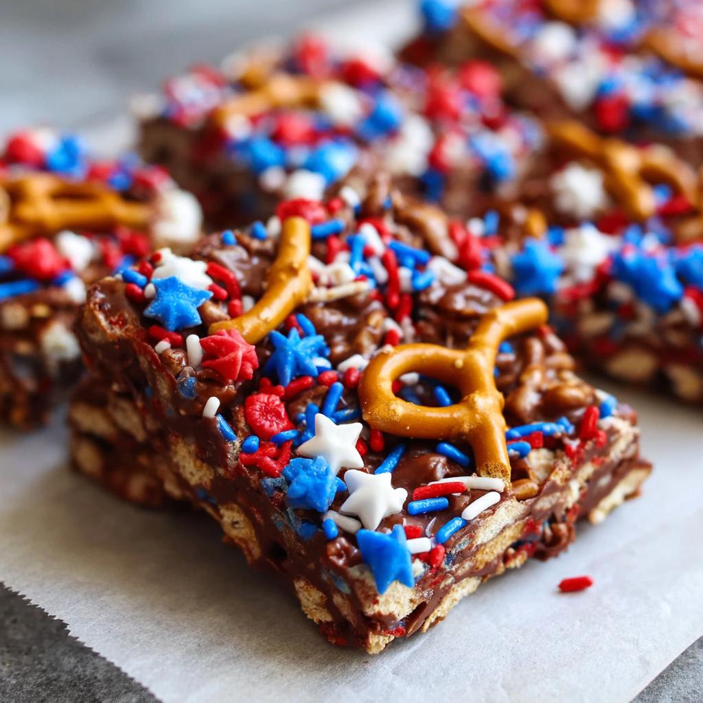 Close-up of a piece of Fourth of July dessert bark, topped with red, white, and blue sprinkles, pretzels, and star shapes.