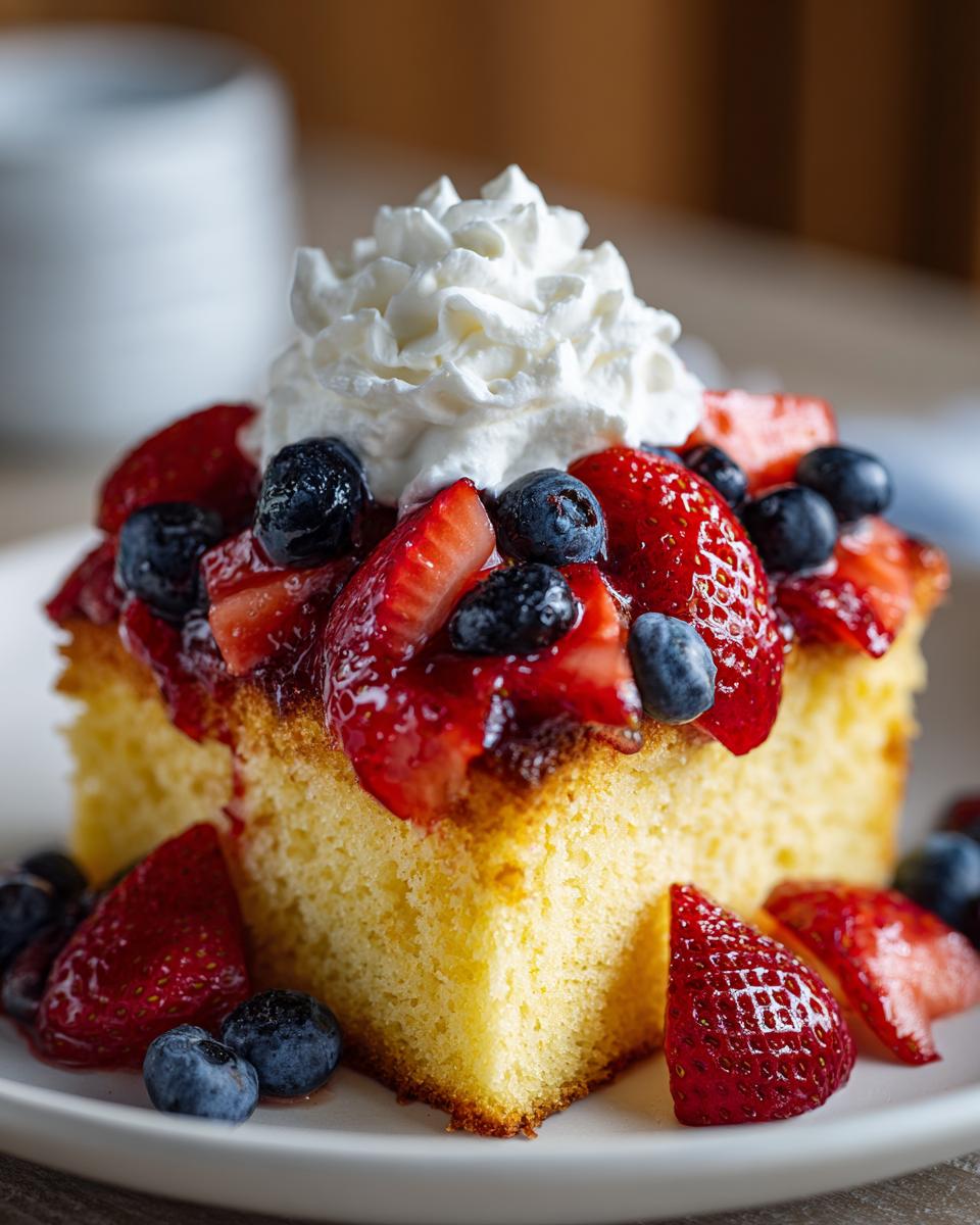 A slice of pound cake topped with fresh strawberries, blueberries, and whipped cream, perfect for Fourth of July desserts.