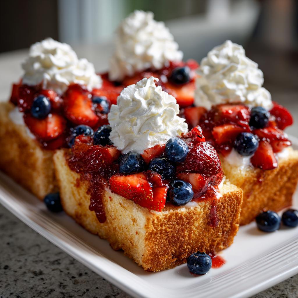 Slices of pound cake topped with strawberries, blueberries, and whipped cream, perfect for Fourth of July desserts.