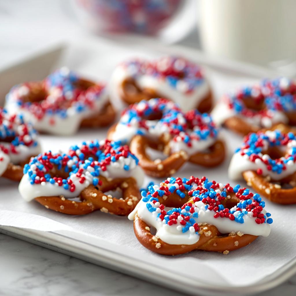 Close-up of festive Fourth of July pretzel treats dipped in white chocolate and covered in red, white, and blue sprinkles.