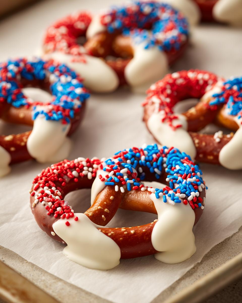 Close-up of Fourth of July pretzel treats dipped in white chocolate and decorated with red, white, and blue sprinkles.