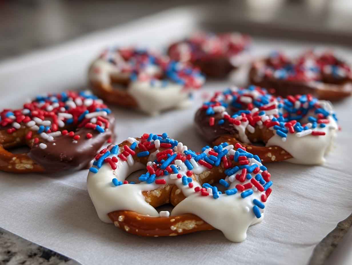 Close-up of Fourth of July desserts: pretzels dipped in white and dark chocolate, covered in red, white, and blue sprinkles.