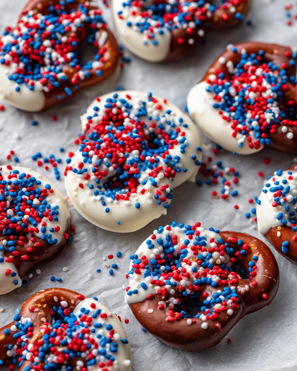Close-up of festive Fourth of July pretzel treats dipped in white and chocolate coatings, covered in red, white, and blue sprinkles.
