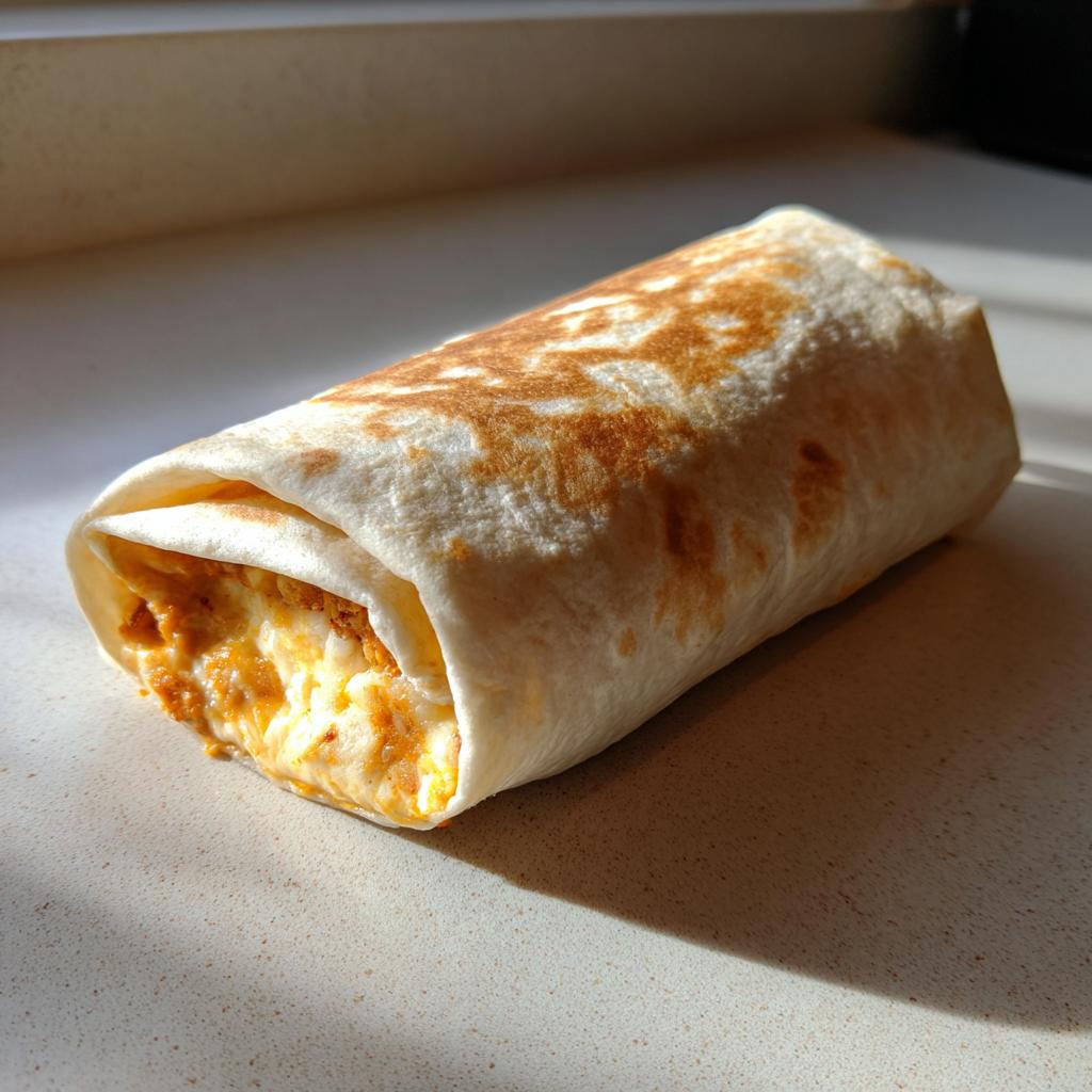 A golden-brown, fully wrapped sausage breakfast burrito, showcasing the cheesy and savory filling peeking out.