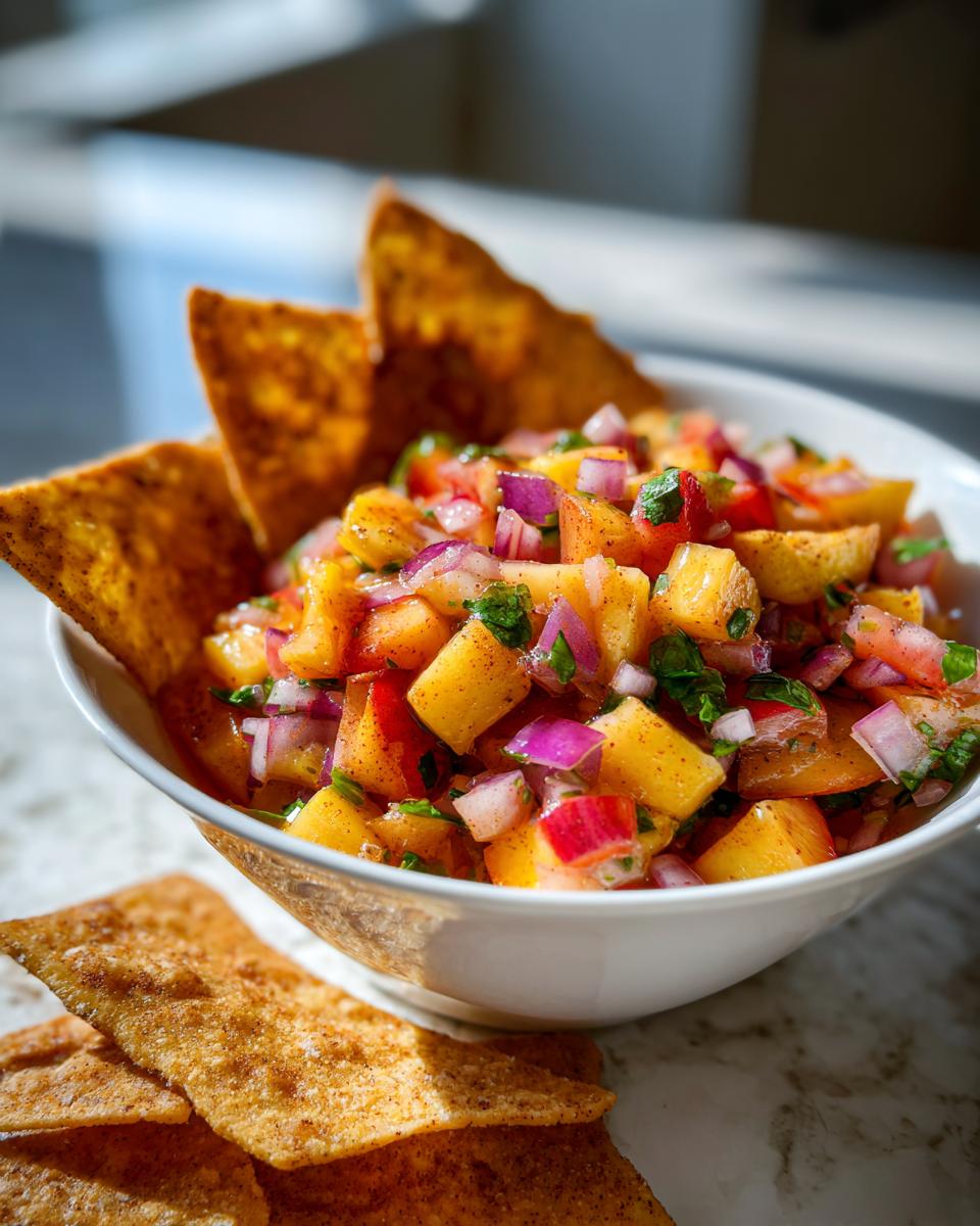 Close-up of fresh peach salsa with red onion and cilantro served with cinnamon chips.