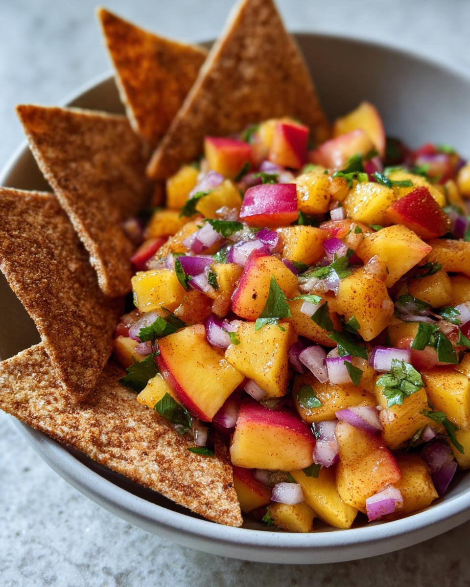 Close-up of fresh peach salsa with diced peaches, red onion, and cilantro, served with cinnamon chips.