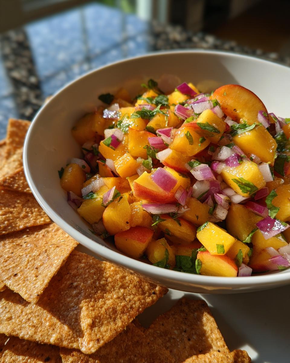 A bowl of fresh peach salsa with diced peaches, red onion, and herbs, served with cinnamon chips.