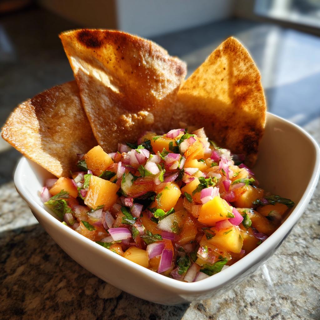 A bowl of fresh peach salsa with diced peaches, red onion, and cilantro, served with cinnamon chips.