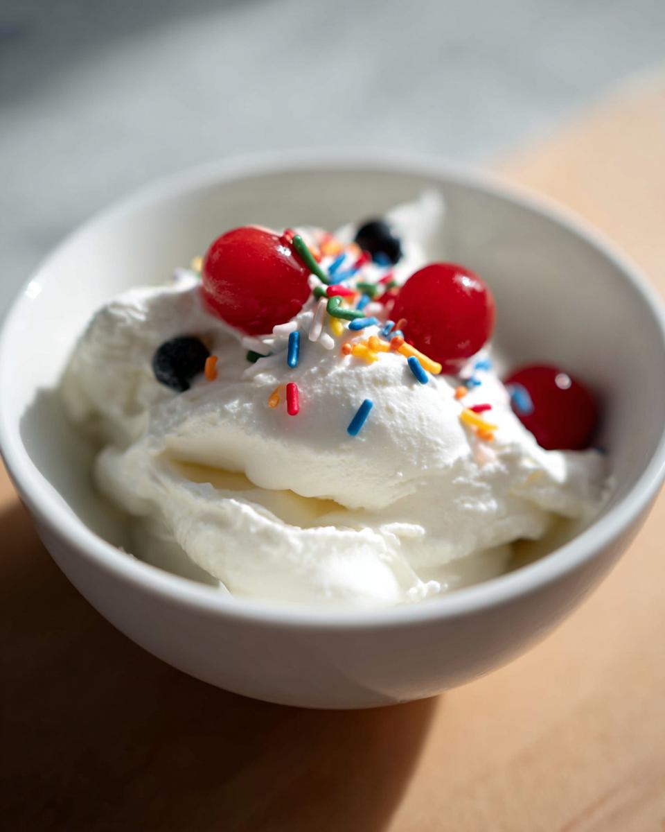 A bowl of creamy frozen Greek yogurt topped with maraschino cherries, blueberries, and colorful sprinkles.