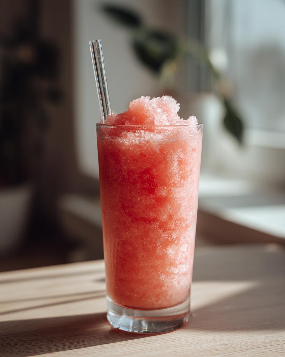 A refreshing frozen watermelon lemonade drink in a tall glass with a reusable straw, perfect for poolside sipping.