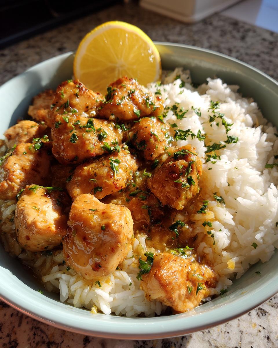 A close-up of a bowl filled with white rice and topped with tender pieces of garlic butter chicken, garnished with fresh parsley and a lemon wedge.