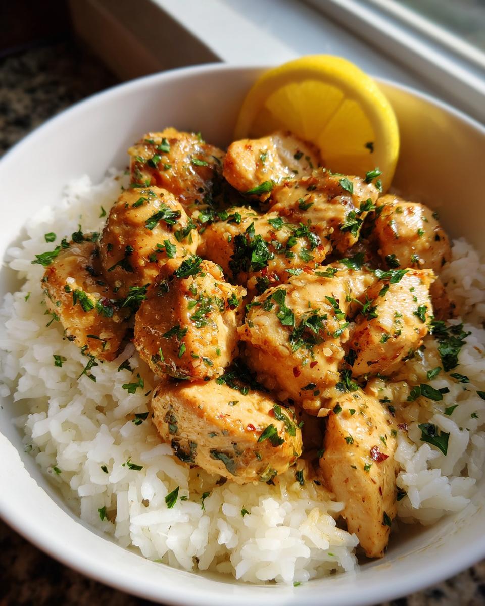 A close-up of tender garlic butter chicken pieces served over fluffy white rice, garnished with fresh parsley and a lemon wedge.