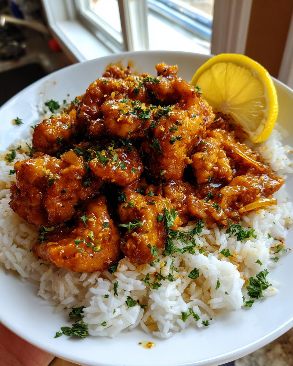 A close-up of a bowl of white rice topped with glossy garlic butter chicken and garnished with parsley and a lemon slice.