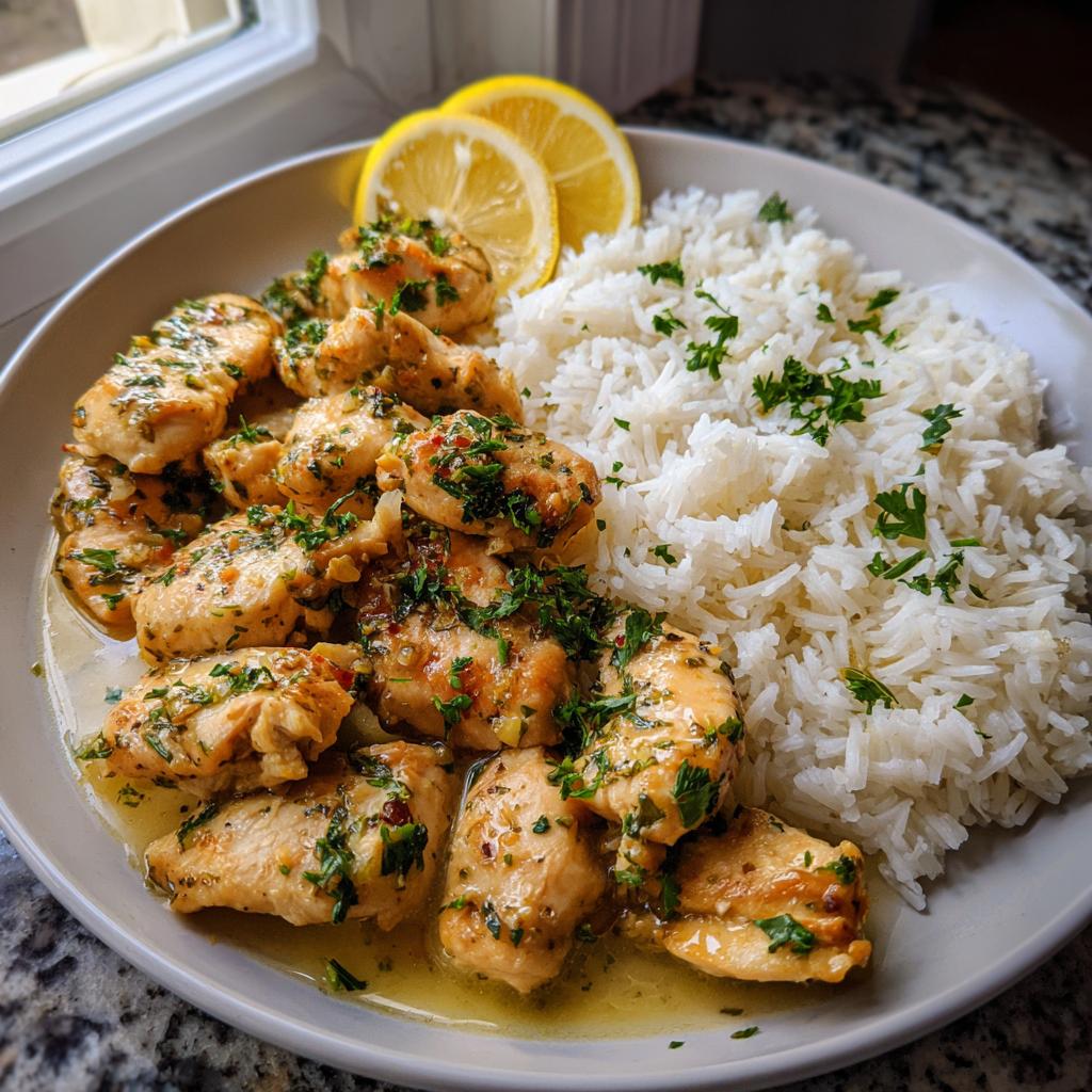A plate of delicious garlic butter chicken and rice, garnished with parsley and lemon slices.