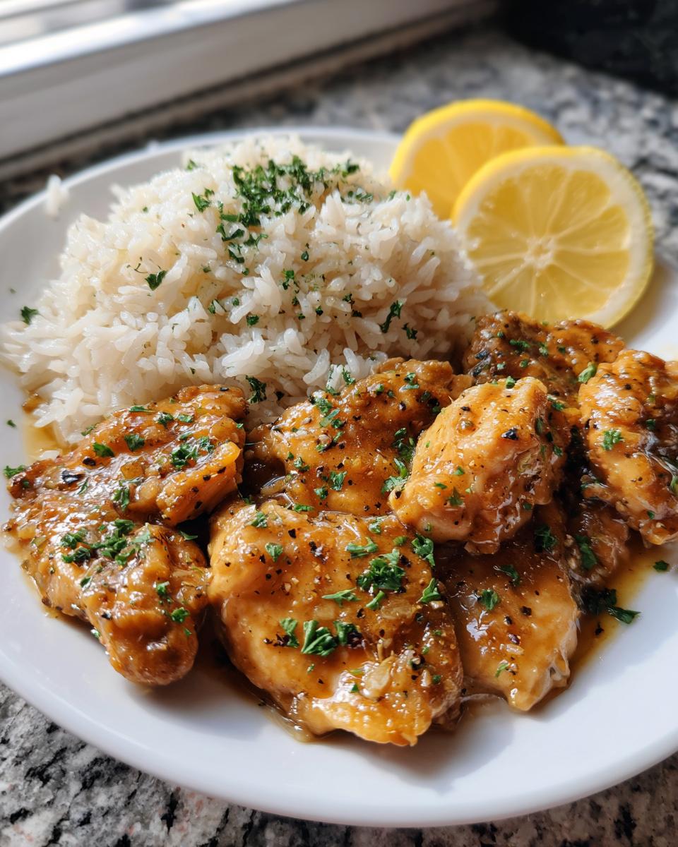 A plate of garlic butter chicken and rice, garnished with parsley and lemon slices. Perfect for easy dinner recipes.