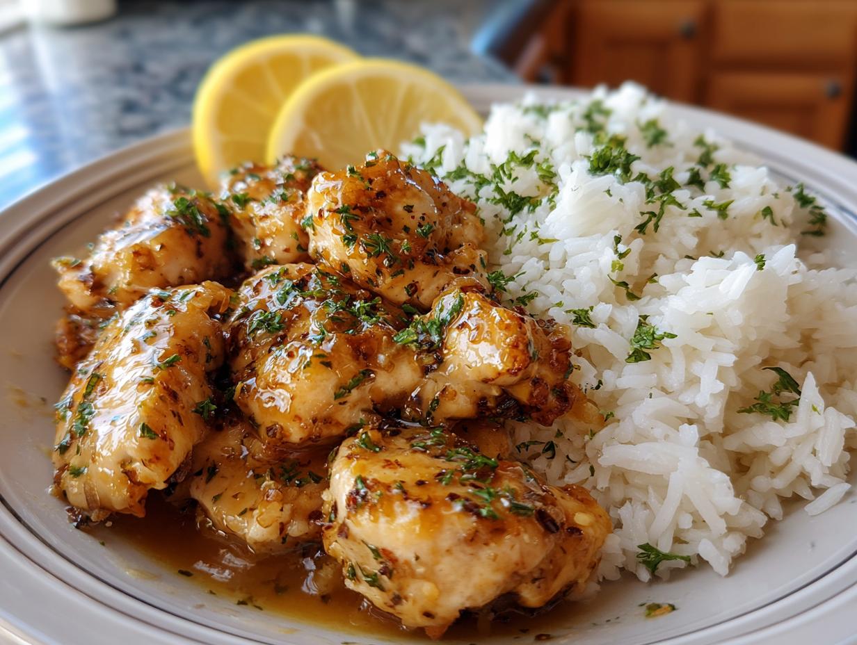 A plate of garlic butter chicken with rice, garnished with parsley and lemon slices. Perfect for easy dinner recipes.