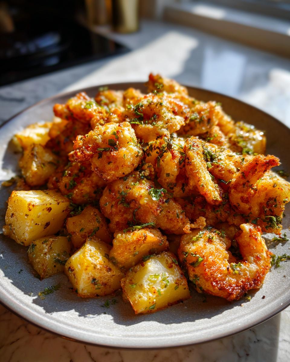 A close-up of golden-brown fried shrimp and roasted potatoes seasoned with herbs, a delicious dish from our Garlic Ranch Chicken and Potatoes recipe.