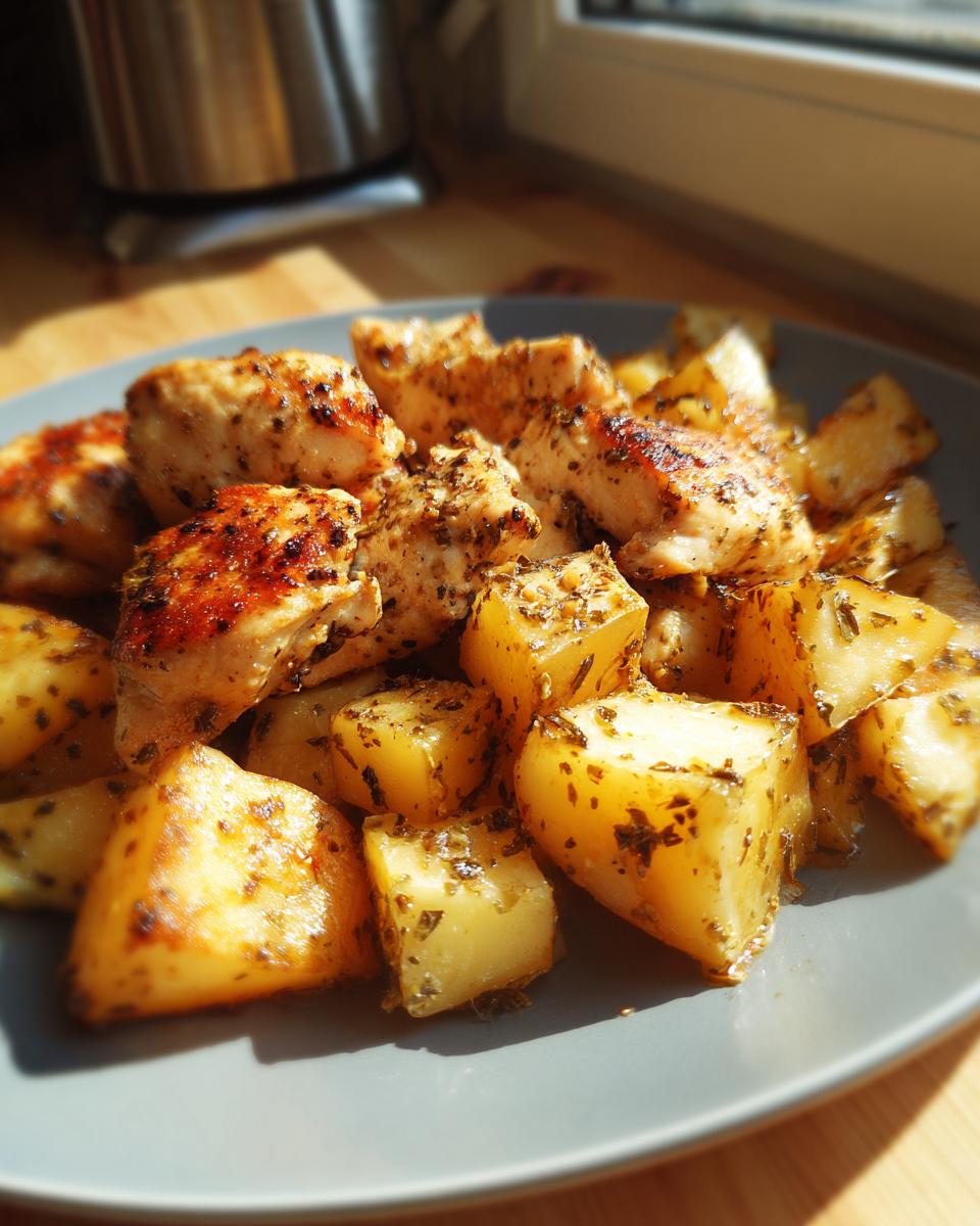 A close-up of golden-brown roasted potatoes and seasoned chicken breast pieces on a gray plate.