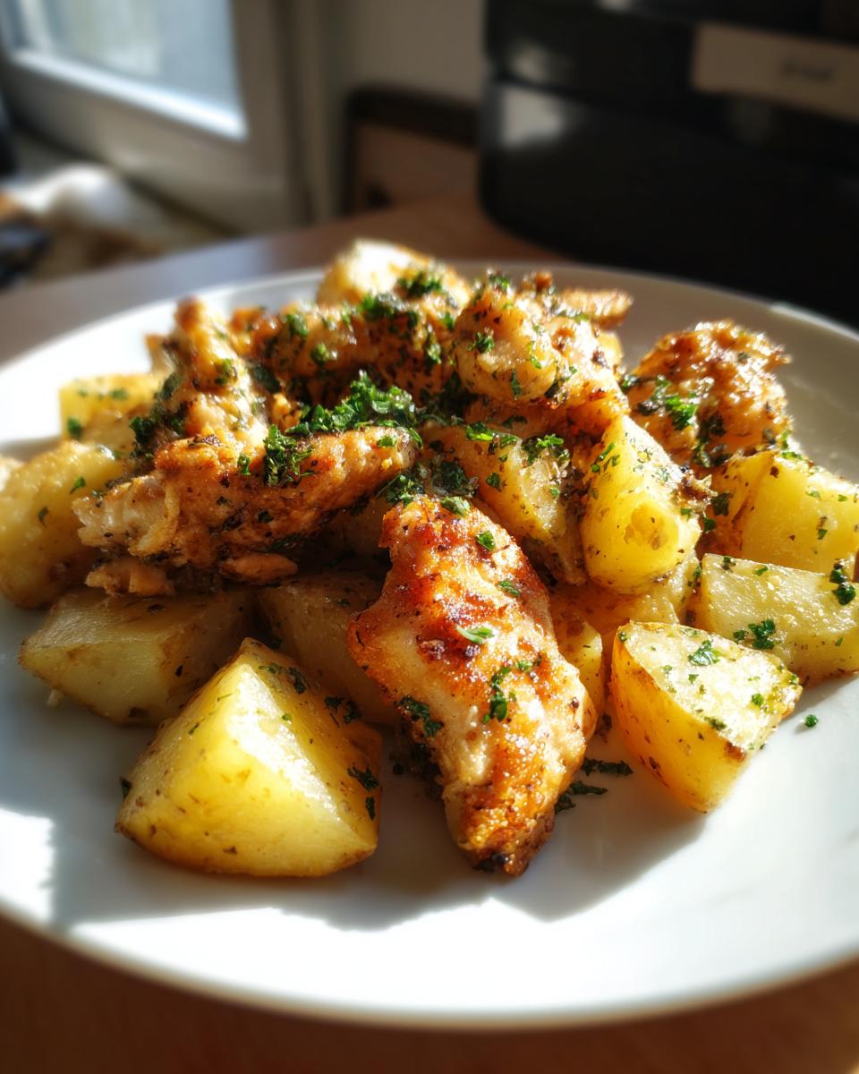 A close-up of golden-brown garlic ranch chicken pieces served with roasted potato wedges, sprinkled with fresh parsley.