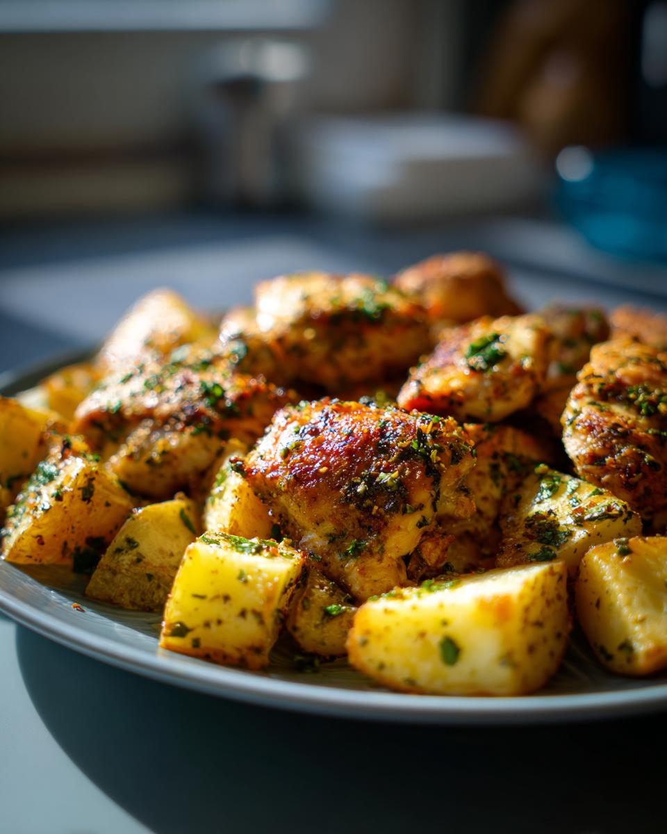 Close-up of a plate filled with golden-brown roasted chicken breast pieces and cubed potatoes, seasoned with herbs.