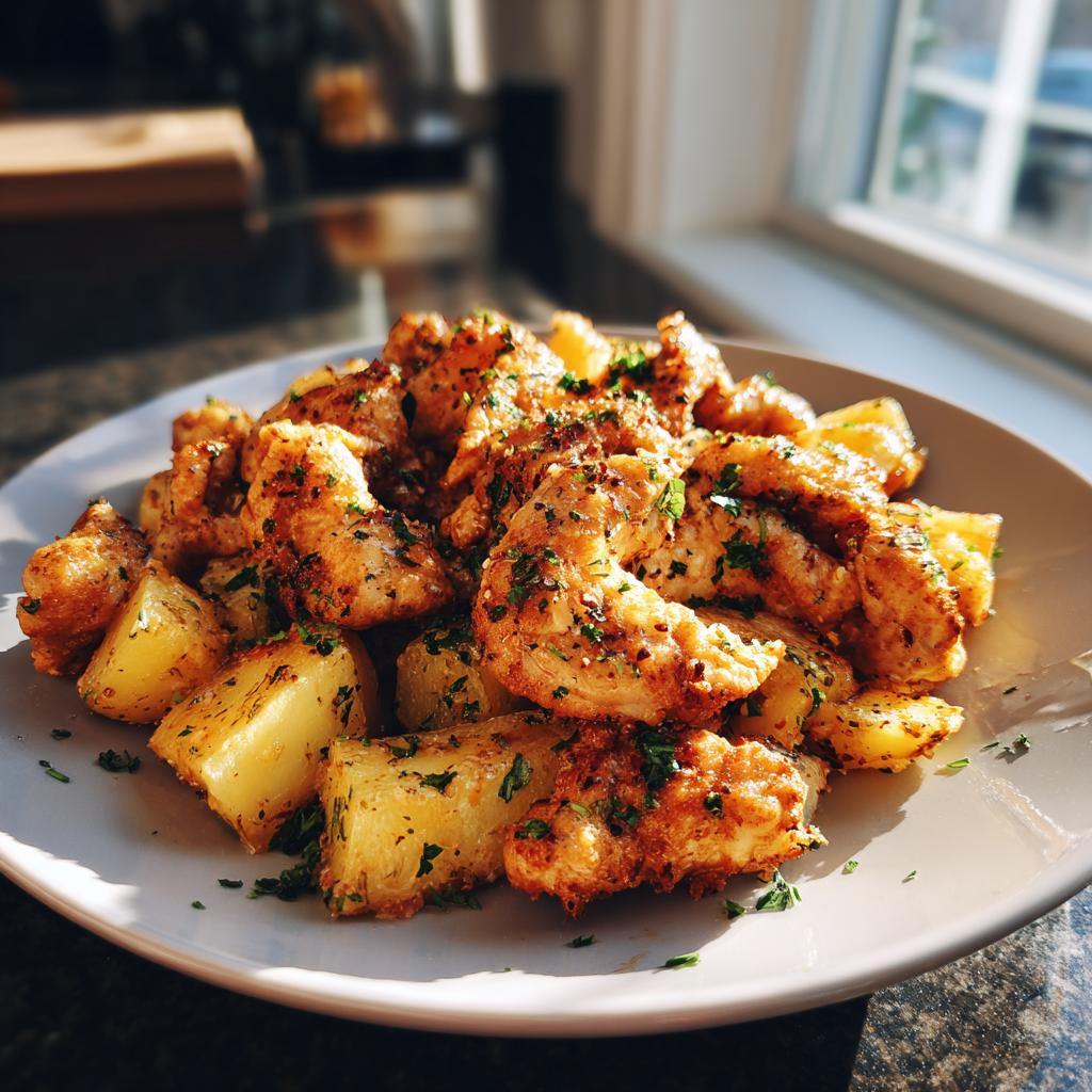 A plate of golden brown garlic ranch chicken pieces served with roasted potato wedges, garnished with fresh parsley.