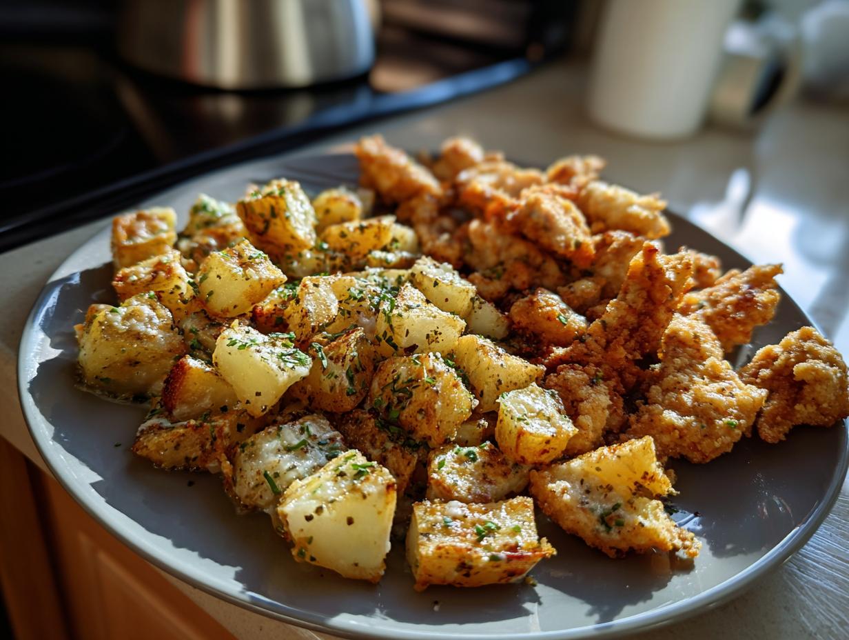 A close-up of Garlic Ranch Chicken and Potatoes served on a grey plate, garnished with herbs.