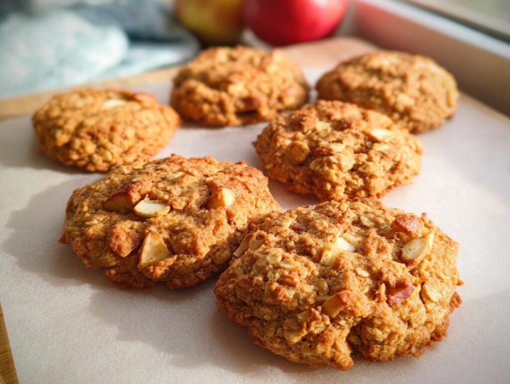 A close-up of several freshly baked Gesunde Apfel-Hafer-Kekse (healthy apple oat cookies) with visible apple chunks and oats.